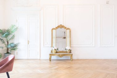 Eski bir malikanede, beyaz duvarlarda alçı kaplama ve altın elementli kadife mobilyalarla süslenmiş yüksek tavanlı, eski bir 19. yüzyıl tarzında şık, ferah, parlak bir daire.