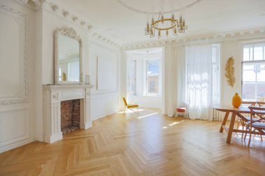 Modern mobilyaları olan eski bir 19. yüzyıl tarihi evinde lüks bir apartman dairesi. yüksek tavan ve duvarlar alçıyla süslenmiş.