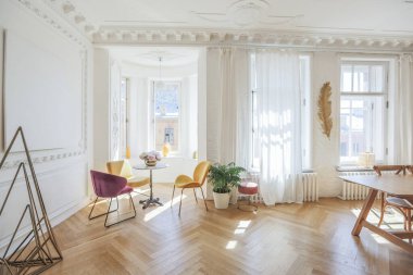 Modern mobilyaları olan eski bir 19. yüzyıl tarihi evinde lüks bir apartman dairesi. yüksek tavan ve duvarlar alçıyla süslenmiş.