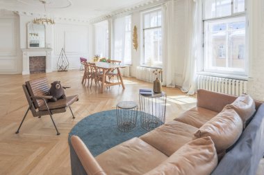 Modern mobilyaları olan eski bir 19. yüzyıl tarihi evinde lüks bir apartman dairesi. yüksek tavan ve duvarlar alçıyla süslenmiş.