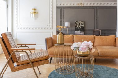 Modern mobilyaları olan eski bir 19. yüzyıl tarihi evinde lüks bir apartman dairesi. yüksek tavan ve duvarlar alçıyla süslenmiş.