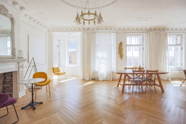 Modern mobilyaları olan eski bir 19. yüzyıl tarihi evinde lüks bir apartman dairesi. yüksek tavan ve duvarlar alçıyla süslenmiş.