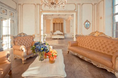 Duvarlarında altın barok süslemeleri ve lüks mobilyaları olan zengin bir daire. Oda batan güneşin ışınlarıyla dolup taşıyor.