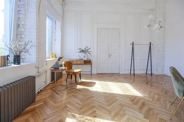 昂贵的现代轻型豪华室内设计 宽敞的客厅 有木制的元素和白色的墙壁 充满了新颖和不寻常的装饰物 — 图库照片