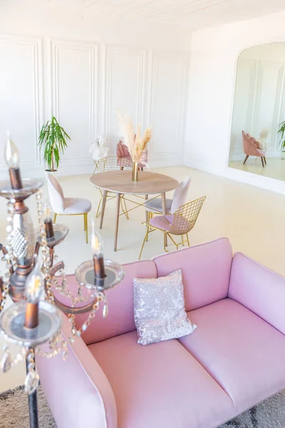 雅致舒适的客厅内部轻盈舒适 有现代风格的粉红彩绘家具和白墙 白天有粉刷造型 — 图库照片