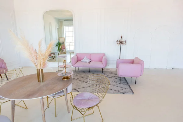 delicate and cozy light interior of the living room with modern stylish furniture of pastel pink color and white walls with stucco moldings in daylight