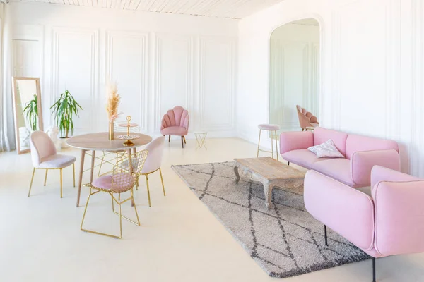 Ніжний Затишний Світлий Інтер Вітальні Сучасними Стильними Меблями Пастельного Рожевого — стокове фото