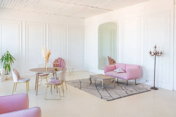 Ніжний Затишний Світлий Інтер Вітальні Сучасними Стильними Меблями Пастельного Рожевого — стокове фото