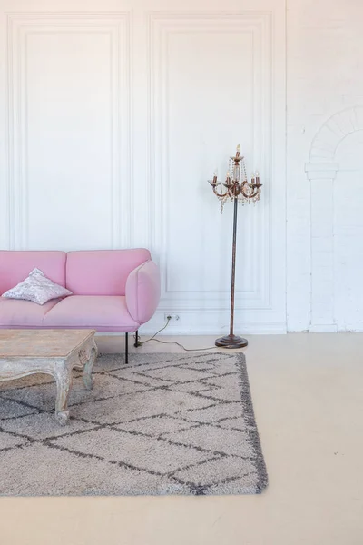 Delikatne Przytulne Lekkie Wnętrze Salonu Nowoczesnymi Stylowymi Meblami Pastelowego Różowego — Zdjęcie stockowe