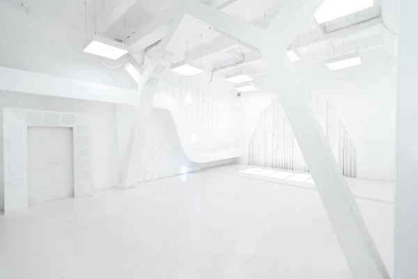 stock image Abstract futuristic empty room interior in white with illumination in the style of a spaceship. geometric decoration on the walls.