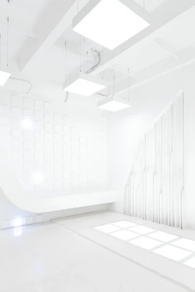 Abstract futuristic empty room interior in white with illumination in the style of a spaceship. geometric decoration on the walls.