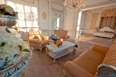 Duvarlarında altın barok süslemeleri ve lüks mobilyaları olan zengin bir daire. Oda batan güneşin ışınlarıyla dolup taşıyor.