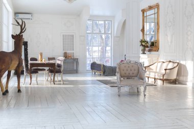 Geniş, parlak bir oturma odası. Modern tasarımı, antika dekorları ve eski tarz şık mobilyaları ve yerden tavana kadar birçok penceresi var.