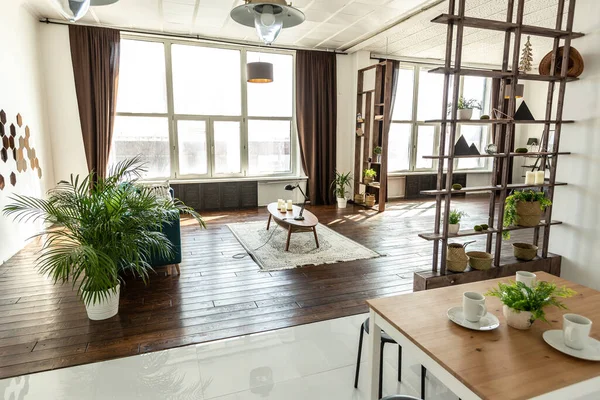 Apartemen Studio Yang Luas Dihiasi Dengan Kayu Dan Putih Desain — Stok Foto