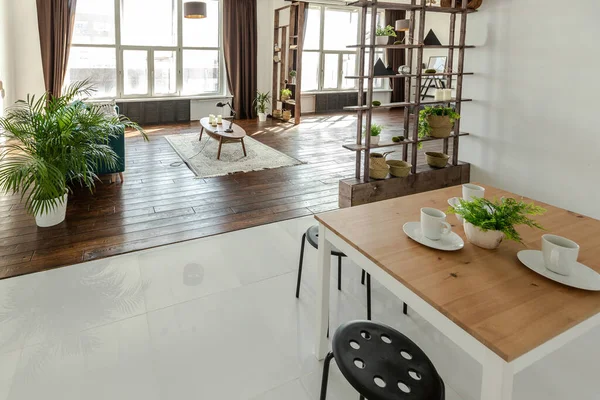 Amplio Apartamento Estudio Decorado Con Madera Blanco Diseño Minimalista Con —  Fotos de Stock