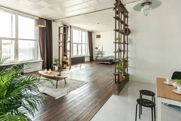 Amplio Apartamento Estudio Decorado Con Madera Blanco Diseño Minimalista Con — Foto de Stock