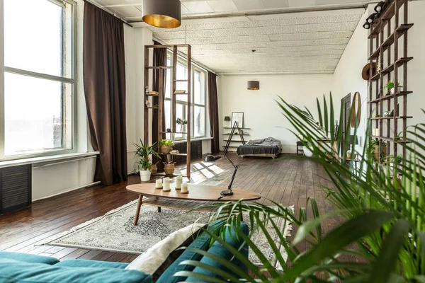 Rymlig Studio Lägenhet Dekorerad Med Trä Och Vitt Minimalistisk Design — Stockfoto