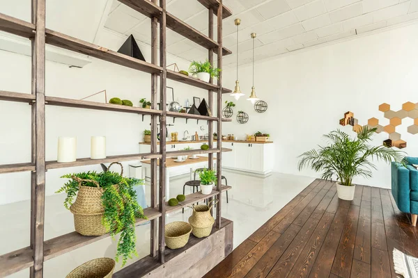 Espaçoso Apartamento Estúdio Decorado Com Madeira Branco Design Minimalista Com — Fotografia de Stock