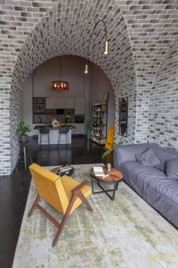 Ortaçağ şatosu tarzında parlak aksanlı, vahşi bir apartman dairesinin modern lüks tasarımı. ücretsiz yerleşim alanı, mutfak alanı, oturma ve yeme alanı.