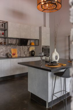 Ortaçağ şatosu tarzında parlak aksanlı, vahşi bir apartman dairesinin modern lüks tasarımı. Yemek pişirmek ya da zaman geçirmek için bir adası olan şık gri bir mutfak.