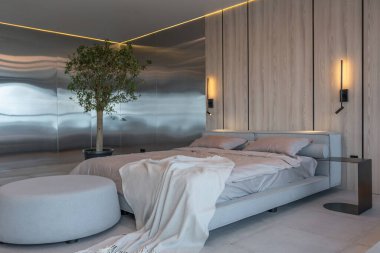 Modern minimalist yumuşak tasarım yatak odası. Japon tarzı bej renkli.