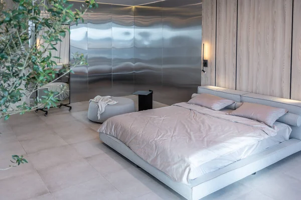 Μοντέρνο Μινιμαλιστικό Μαλακό Design Υπνοδωμάτιο Εσωτερικό Ιαπωνικό Στυλ Μπεζ Χρώμα — Φωτογραφία Αρχείου