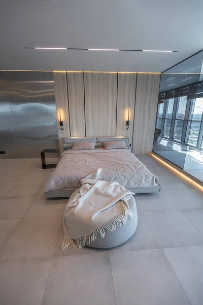Moderno Diseño Minimalista Suave Dormitorio Interior Estilo Japonés Color Beige — Foto de Stock