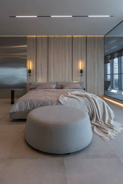 Moderno Diseño Minimalista Suave Dormitorio Interior Estilo Japonés Color Beige —  Fotos de Stock