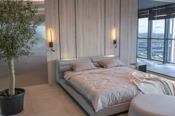 Modern Minimalistic Soft Design Bedroom Interior Japanese Style Beige Color — Stock Photo, Image