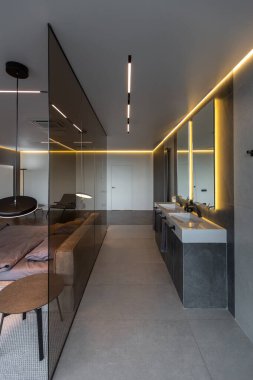 Modern LED ışıklandırmalı ve şık mobilyalı prestijli lüks otelin pahalı iç tasarımı. Lavabosu olan alan yatak odasından koyu camla ayrılmış.