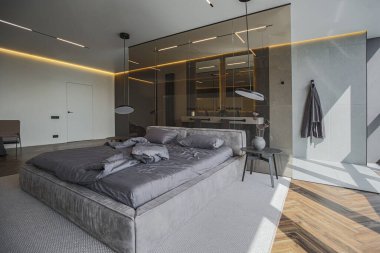 Modern LED ışıklandırmalı ve şık mobilyalı prestijli lüks otelin pahalı iç tasarımı. Lavabosu olan alan yatak odasından koyu camla ayrılmış.
