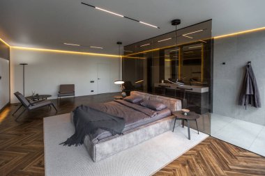 Modern LED ışıklandırmalı ve şık mobilyalı prestijli lüks otelin pahalı iç tasarımı. Lavabosu olan alan yatak odasından koyu camla ayrılmış.