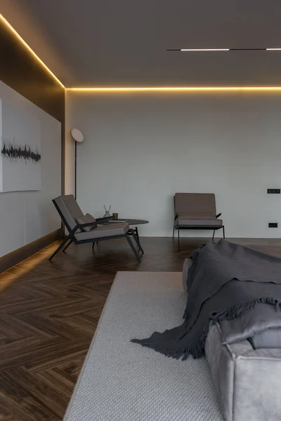 Kühle Teure Inneneinrichtung Des Zimmers Renommierten Luxushotel Mit Dunklen Tönen — Stockfoto