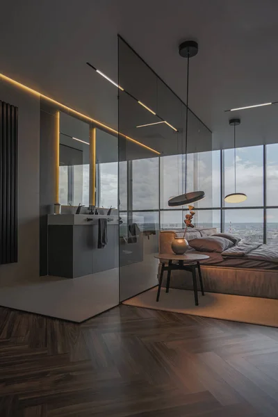 Chladný Drahý Design Interiéru Prestižním Luxusním Hotelu Tmavými Tóny Moderním — Stock fotografie