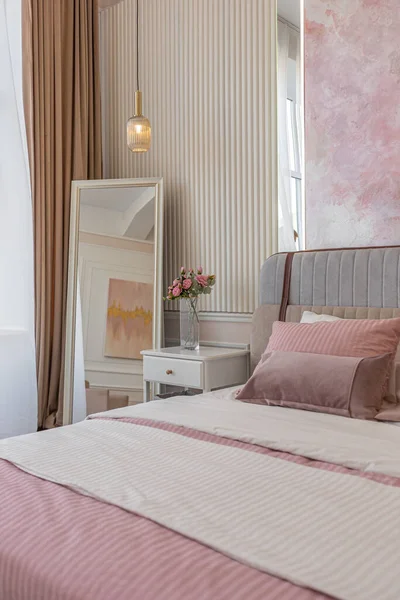 Una Vista Cercana Del Dormitorio Interior Suave Acogedor Moderno Colores — Foto de Stock