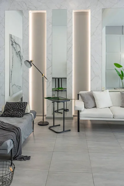 Stylish Bright Modern Bedroom Interior Decorative Niches Led Lighting Huge — Stock Photo, Image
