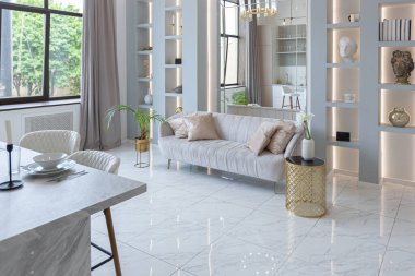 Mutfak alanı, yatak odası ve kanepenin arkasında kocaman aynası olan modern geniş bir stüdyo dairesinin minimalist hafif zarif tasarımı. Zeminde fayanslar ve yüksek tavan.