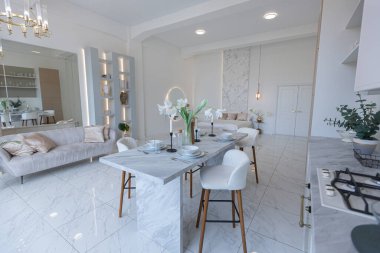 Mutfak alanı, yatak odası ve kanepenin arkasında kocaman aynası olan modern geniş bir stüdyo dairesinin minimalist hafif zarif tasarımı. Zeminde fayanslar ve yüksek tavan.