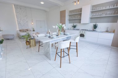 Mutfak alanı, yatak odası ve kanepenin arkasında kocaman aynası olan modern geniş bir stüdyo dairesinin minimalist hafif zarif tasarımı. Zeminde fayanslar ve yüksek tavan.