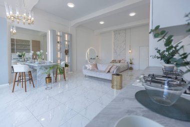 Mutfak alanı, yatak odası ve kanepenin arkasında kocaman aynası olan modern geniş bir stüdyo dairesinin minimalist hafif zarif tasarımı. Zeminde fayanslar ve yüksek tavan.