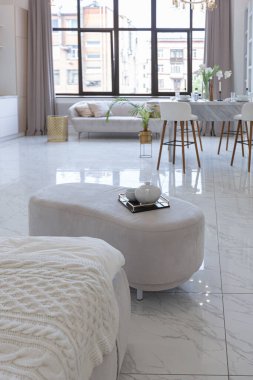 Mutfak alanı, yatak odası ve kanepenin arkasında kocaman aynası olan modern geniş bir stüdyo dairesinin minimalist hafif zarif tasarımı. Zeminde fayanslar ve yüksek tavan.