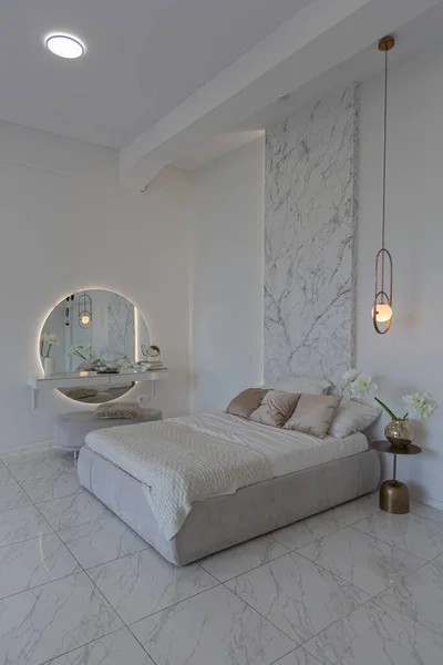 Közeli Hálószoba Kilátás Boudoir Hely Minimalista Fény Elegáns Luxus Design — Stock Fotó