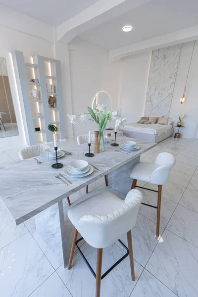 Minimalistic Light Elegant Luxury Design Modern Spacious Studio Apartment Kitchen — Stock Photo, Image