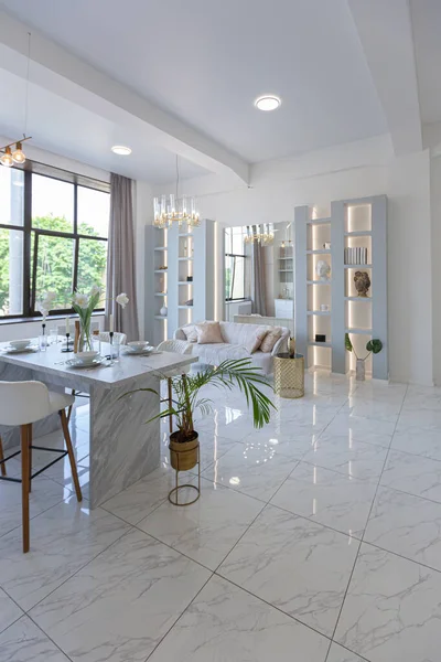 Minimalistický Světlý Elegantní Luxusní Design Moderního Prostorného Studio Apartmánu Kuchyní — Stock fotografie
