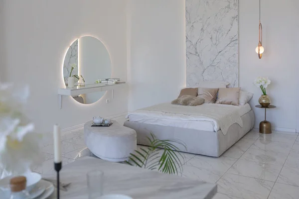 Közeli Hálószoba Kilátás Boudoir Hely Minimalista Fény Elegáns Luxus Design — Stock Fotó