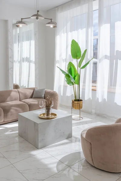 Obývací Pokoj Měkkým Béžovým Nábytkem Lehkém Luxusním Interiérovém Designu Moderního — Stock fotografie
