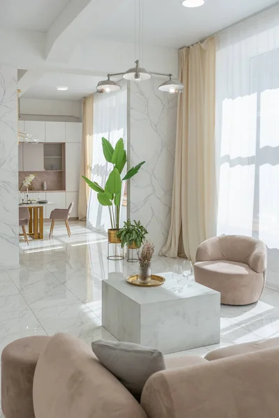 大理石のトリムと巨大な窓とミニマリストスタイルのモダンなアパートの光の豪華なインテリアデザイン 台所やリビングルームの中で — ストック写真