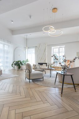 Güneşli bir günde şık modern parlak tasarımı, giyinme odası, yatak odası, oturma odası ve banyosu olan geniş, açık planlı bir daire.