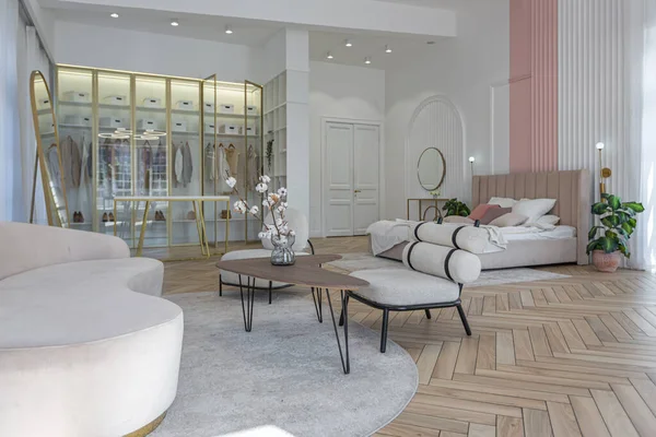 기사보기 창조적 테이블 현대적 디자인이 드넓은 아파트의 거실에 가구들이 — 스톡 사진