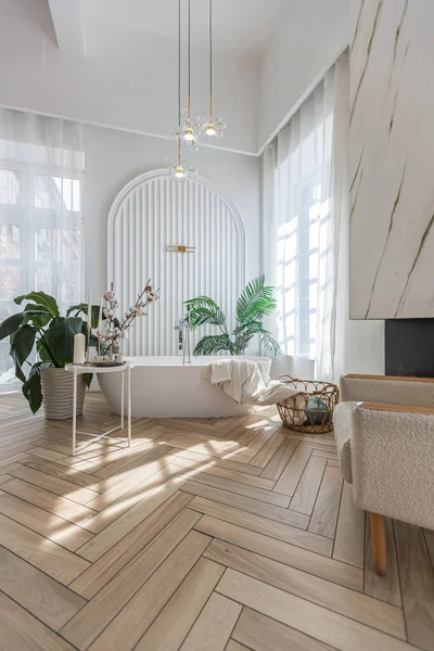 日当たりの良い日にスタイリッシュなモダンな明るいデザインの広々としたオープンプランのアパートで無料のスタンディングスタイリッシュなバスルーム — ストック写真